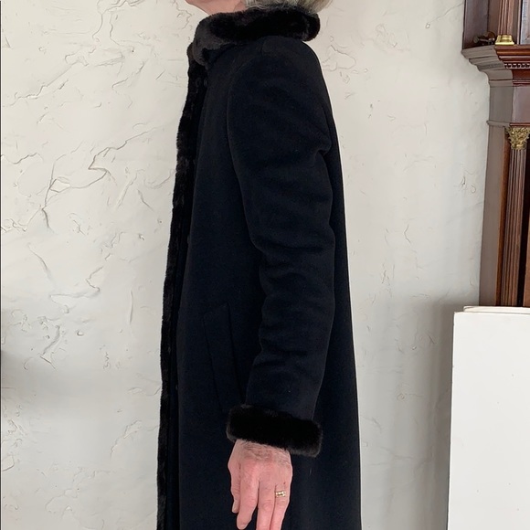 ELLEN TRACY long black wool blend coat w faux fur - Picture 4 of 8